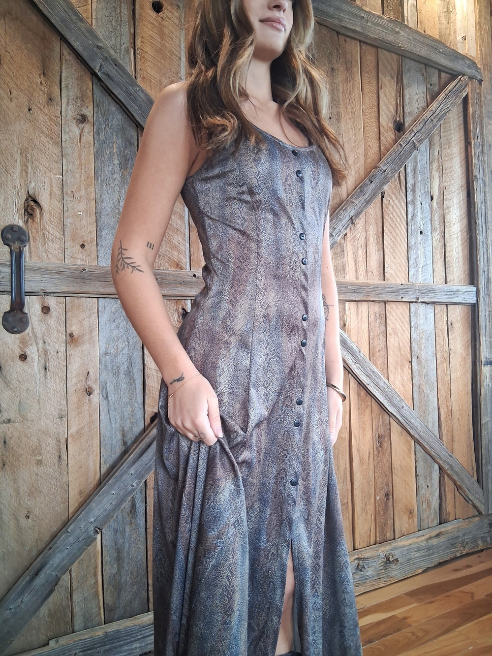 Sleeveless Button-Front Maxi Dress in Brown Snakeskin Print